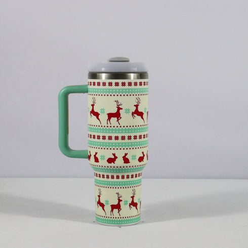 New Christmas Pattern Mug With Handle Lid Straw Drinkware Stainless Steel Vacuum c Large Capacity Car Travel Coffee Cup